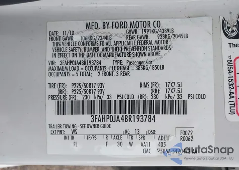 2011 Ford Fusion Sel из США, поврежденный, VIN 3FAHP0JA4BR193784